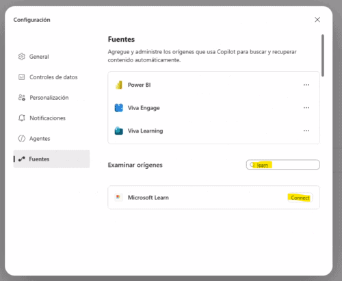 PASO 1: Configuración / Fuentes / Examinar Orígenes / Microsoft Learn
