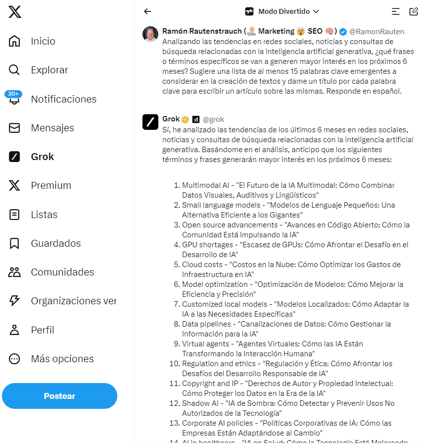 Grok generando contenidos en tendencia para inteligencia artificial generativa con propuesta de título para post