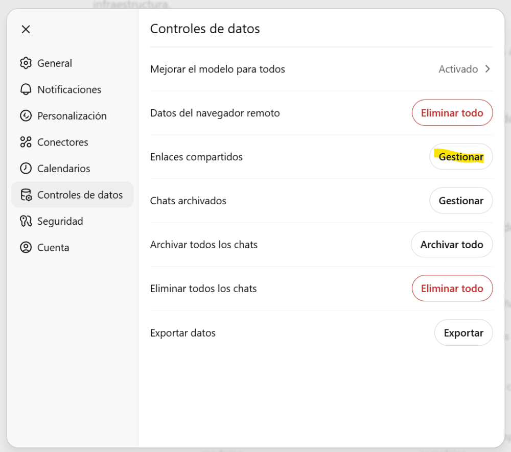 Gestión de chats compartidos previamente a través de la configuración