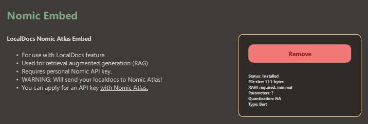 Instalación de Nomic Embed que requiere un API KEY de Nomic Atlas. La instalación requiere un API KEY de Nomic Atlas (gratis: 250.000 data points y 1.000.000 de tokens).