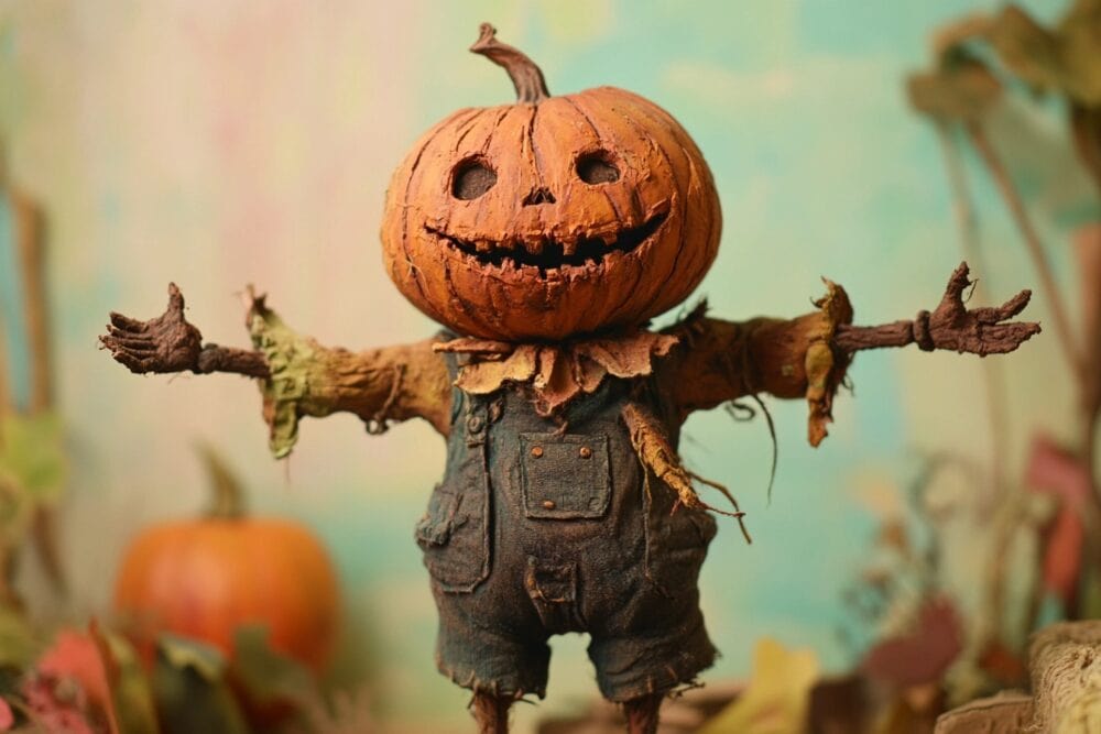 A claymation-style pumpkin-headed scarecrow, sculpted with rough fingerprints, hand-painted imperfections, and smudges. Set in a diorama of earthy textures and pastel backdrops, giving it a tangible, handmade feel.
