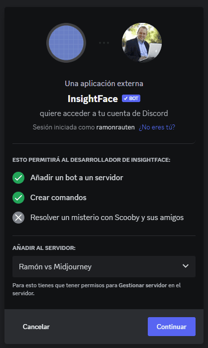 Invita al bot InsightFaceSwap a tu servidor de Midjourney