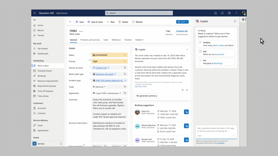 Un gerente interactúa con Copilot en Dynamics 365 Field Service para encontrar información pertinente, como un resumen de la última orden de trabajo