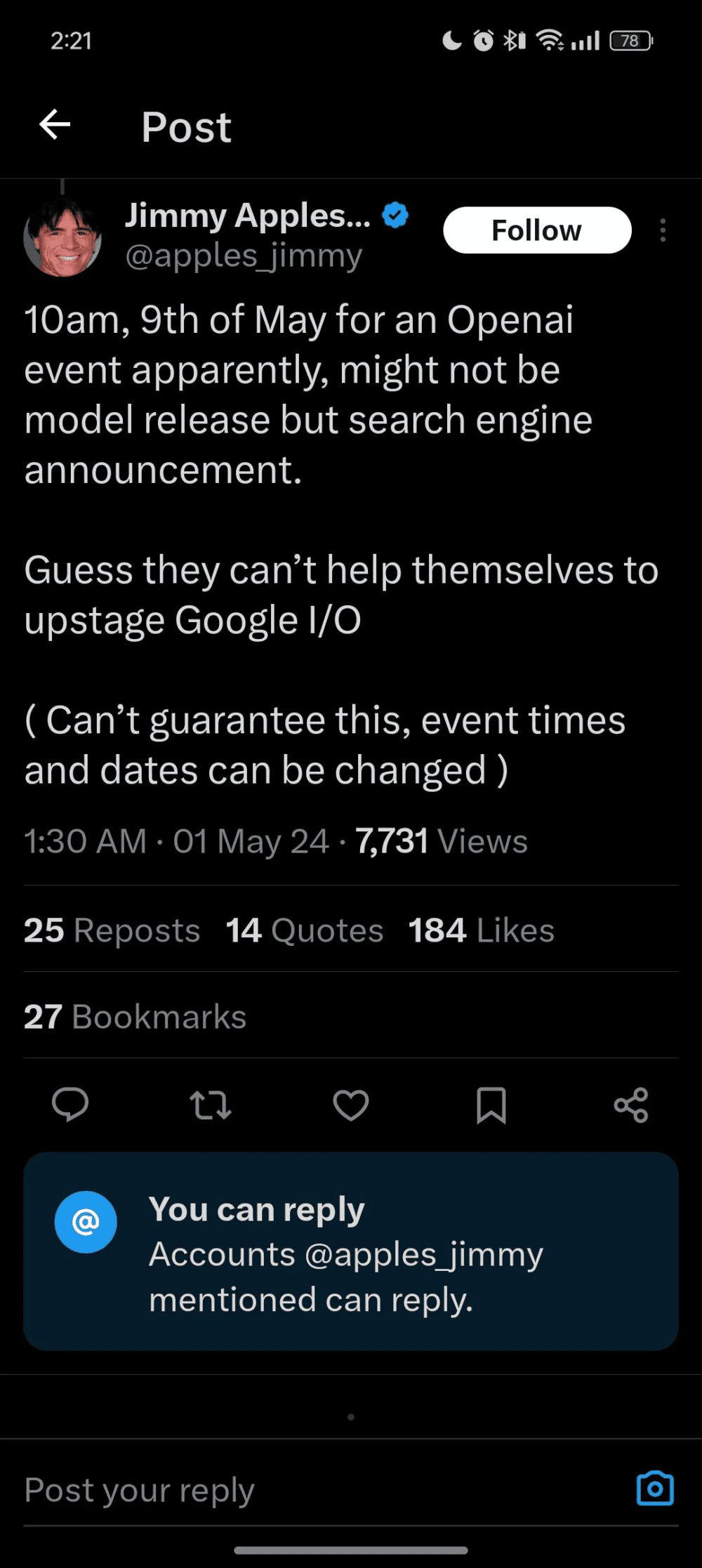 Tweet de Jimmy Apples (posteriormente eliminado): https://twitter.com/apples_jimmy/status/1785436609095328067?t=PpwG23PKLwMMnze6Hk60gQ&s=19 Fuente del pantallazo: Reddit (https://www.reddit.com/r/OpenAI/comments/1ch7330/jimmy_apples_open_ai_event_in_may_9/)