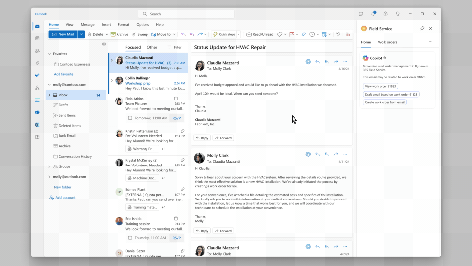 Un gestor recibe ayuda de Copilot para redactar un correo electrónico con sugerencias de programación para una orden de trabajo en el flujo de trabajo de Outlook.