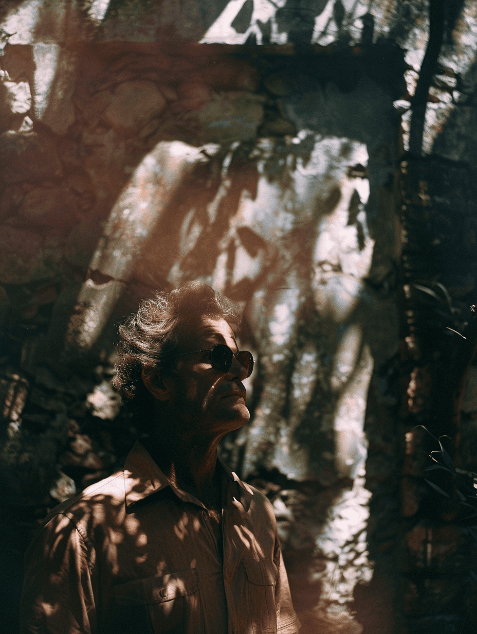 Imagen generada por Midjourney: 35mm photo capturing the head and chest of a man in an unusual outdoor location, gently revealed by soft shadows. Cool tones. Shot during the day on slide film --ar 3:4 --style raw --v 6.0