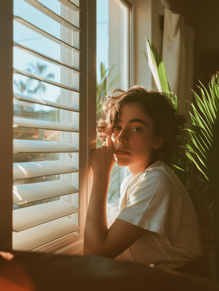 Imagen generada por Midjourney: 35mm Fujifilm superia exterior photo capturing a manlooking to the camera and leaning by the open window of her apartment. Minimalist shot in the afternoon during golden hour. The sun directly hits the woman's body and face --ar 3:4 --style raw --v 6.0
