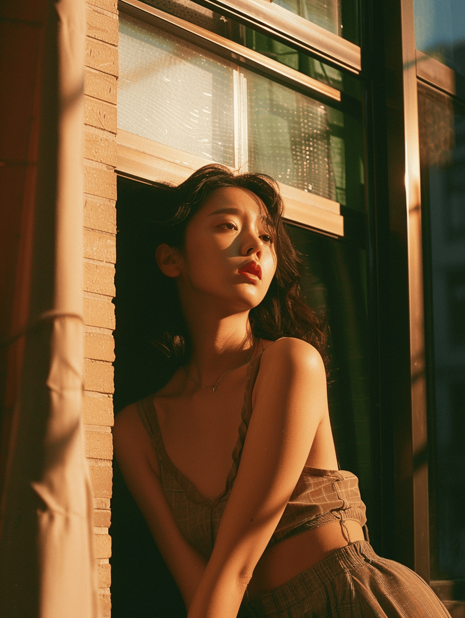 Imagen generada por Midjourney: 35mm Fujifilm superia exterior photo capturing a woman leaning by the open window of her apartment. Minimalist shot in the afternoon during golden hour. The sun directly hits the woman's body and face --ar 3:4 --style raw --v 6.0 