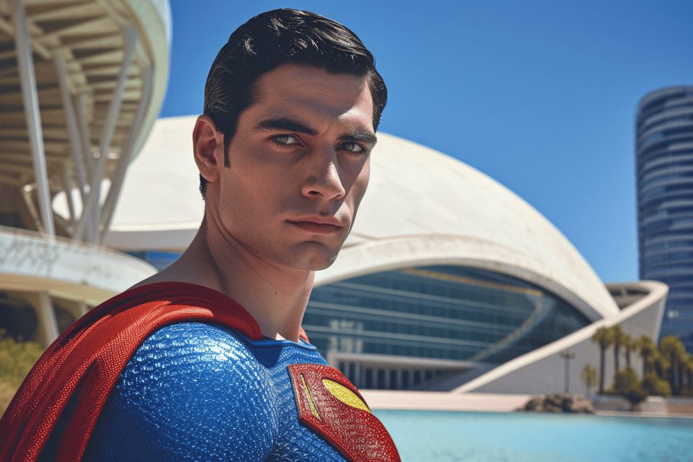Powerful and proud superman is standing at the ciudad de las artes y las ciencas in Valencia and looking into the camera. It's sunny. Photography inspired by Marvel film poster --ar 3:2 --v 6.0 --style raw