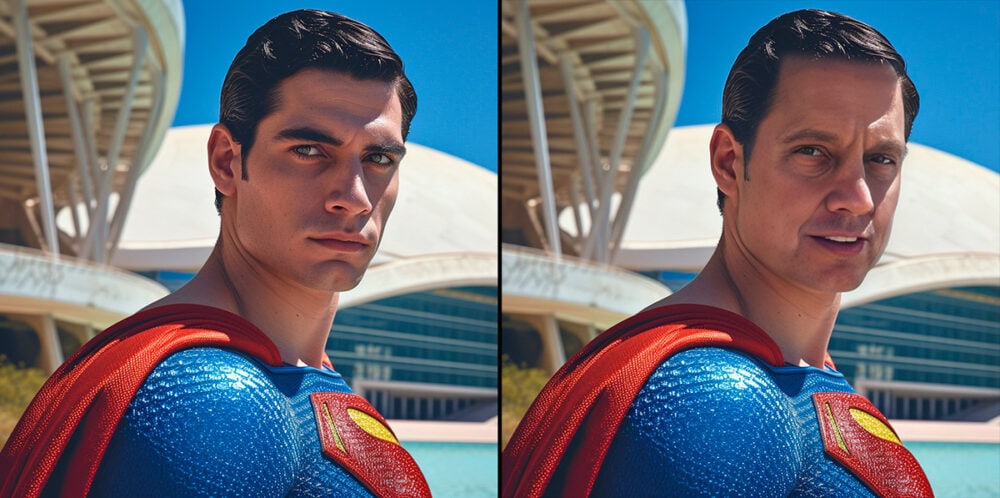 Ramón como superman en la ciudad de las artes y las ciencias de Valencia comparado con la imagen original de Midjourney.