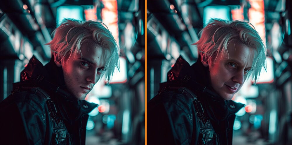 beautiful pale cyberpunk male in a futuristic city looking into the camera --v 6.0 --style raw