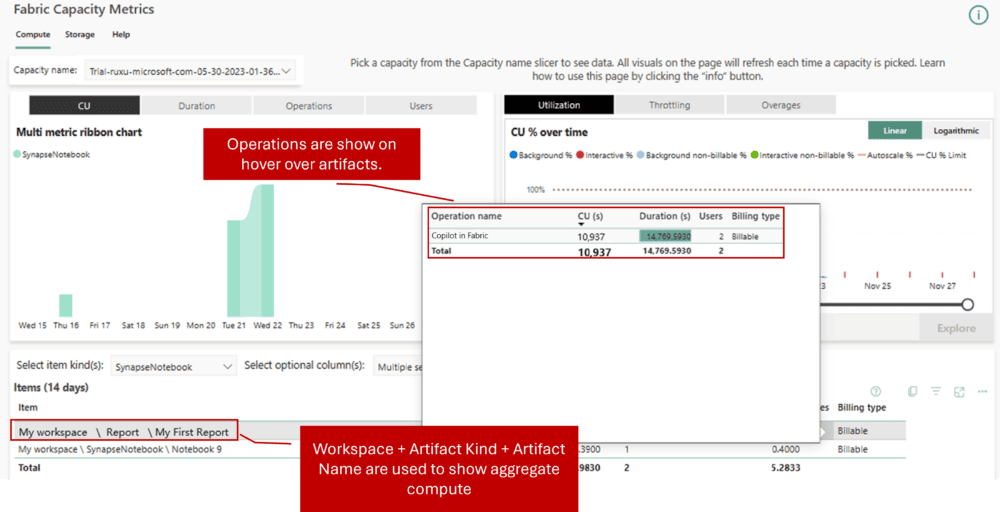 Captura de pantalla de la aplicación Fabric Capacity Metrics