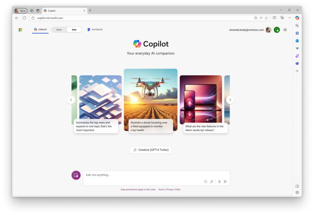 El contexto web incluye la protección de datos comerciales, lo que significa que Microsoft no retiene tus mensajes o respuestas, no vigila tus mensajes o respuestas y no utiliza tus datos de chat para entrenar los modelos básicos subyacentes, lo que garantiza una alternativa más segura al uso de otros servicios públicos de IA generativa.