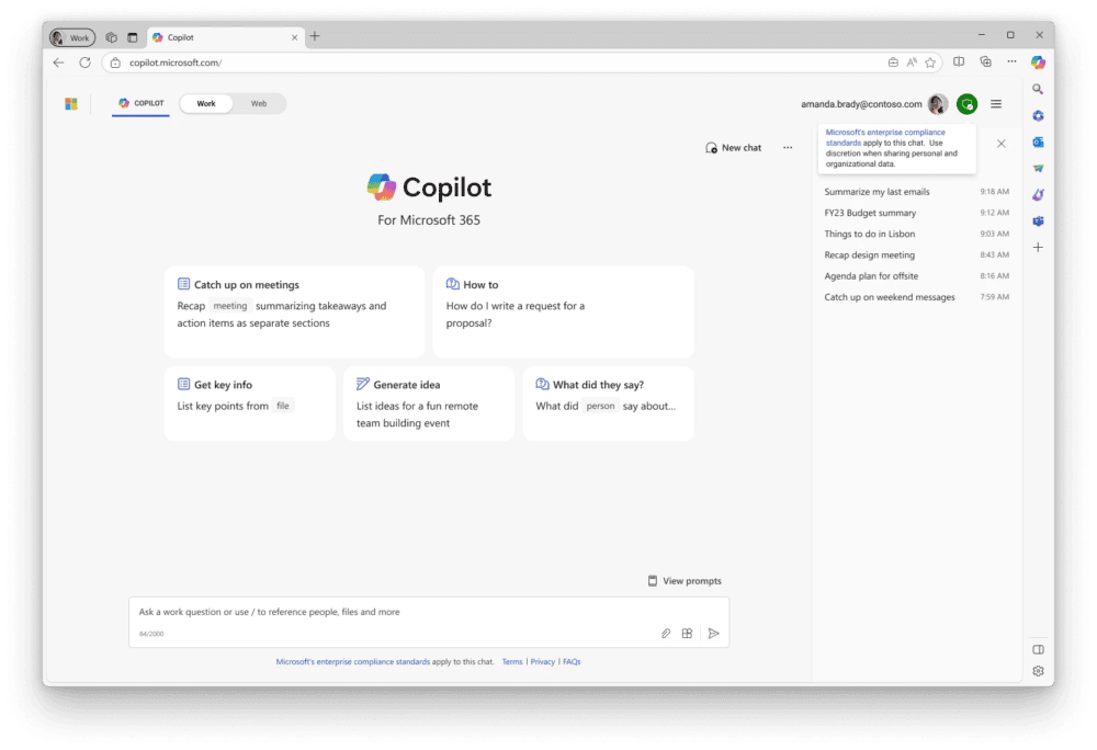 El contexto de trabajo te permite ir aún más lejos al basarse en tus datos de trabajo -es decir, tu calendario, correos electrónicos, chats, documentos, reuniones, contactos, etc.- para que obtengas respuestas contextualmente precisas. 