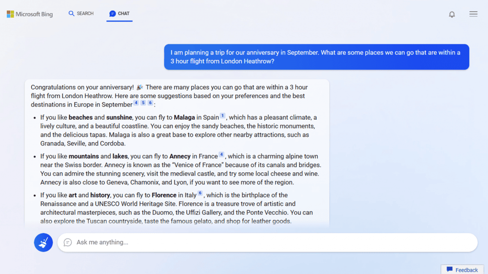 El nuevo Bing ofrece una experiencia de chat interactiva. Esta consulta muestra a alguien que pide ayuda para planificar un viaje de aniversario.