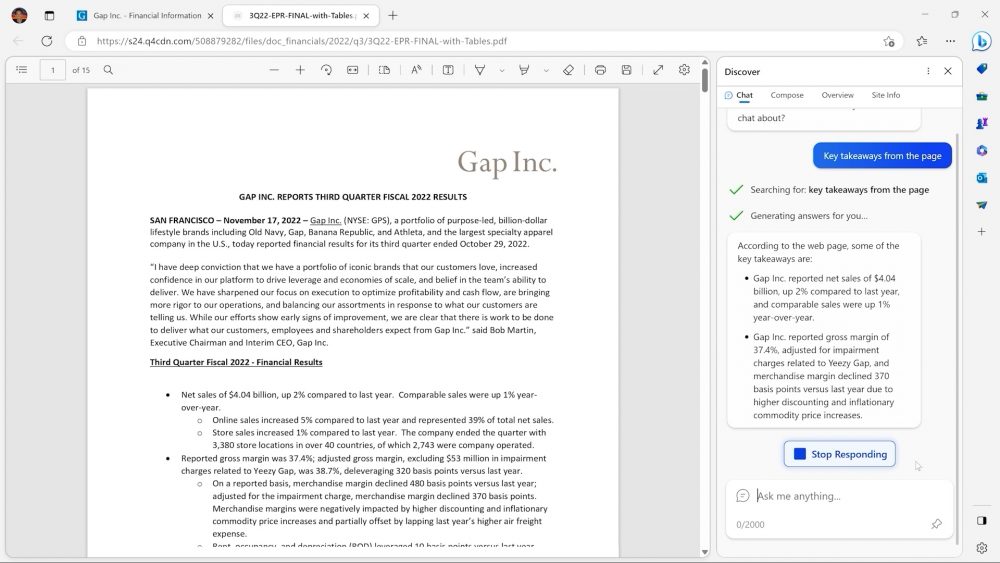 El navegador Edge actualizado de Microsoft tiene nuevas capacidades de IA, un nuevo aspecto y dos nuevas funcionalidades: chat y redactar. Con Edge Sidebar, puedes usar el chat para pedir un resumen de los puntos clave de un largo informe financiero.