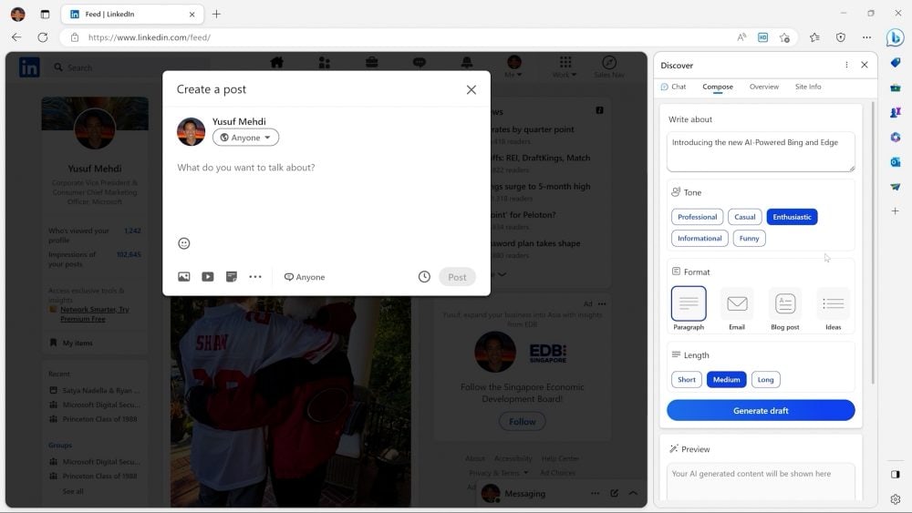 El navegador Edge actualizado de Microsoft tiene nuevas capacidades de IA, un nuevo aspecto y dos nuevas funcionalidades: chat y redactar. También puedes pedir a Edge que te ayude a redactar contenidos, como un post de LinkedIn.