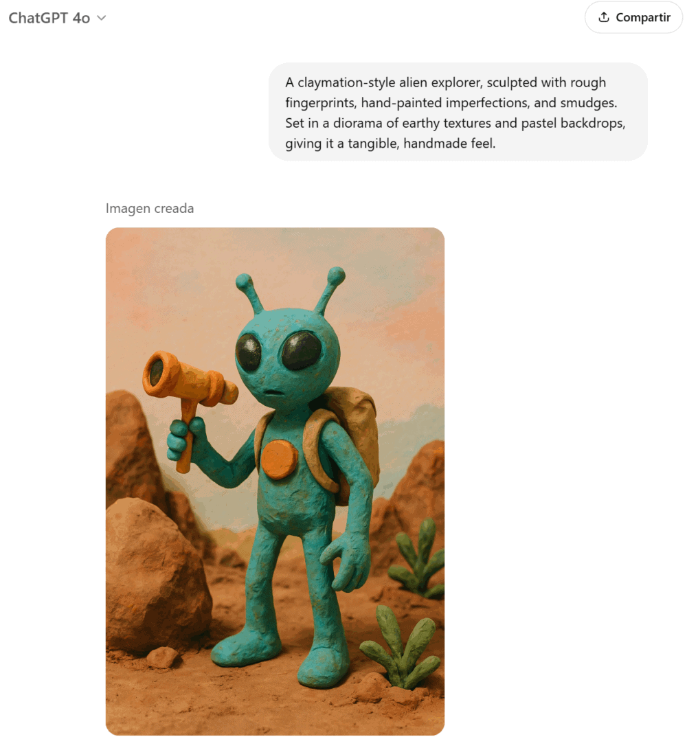 A claymation-style alien explorer, sculpted with rough fingerprints, hand-painted imperfections, and smudges. Set in a diorama of earthy textures and pastel backdrops, giving it a tangible, handmade feel.
