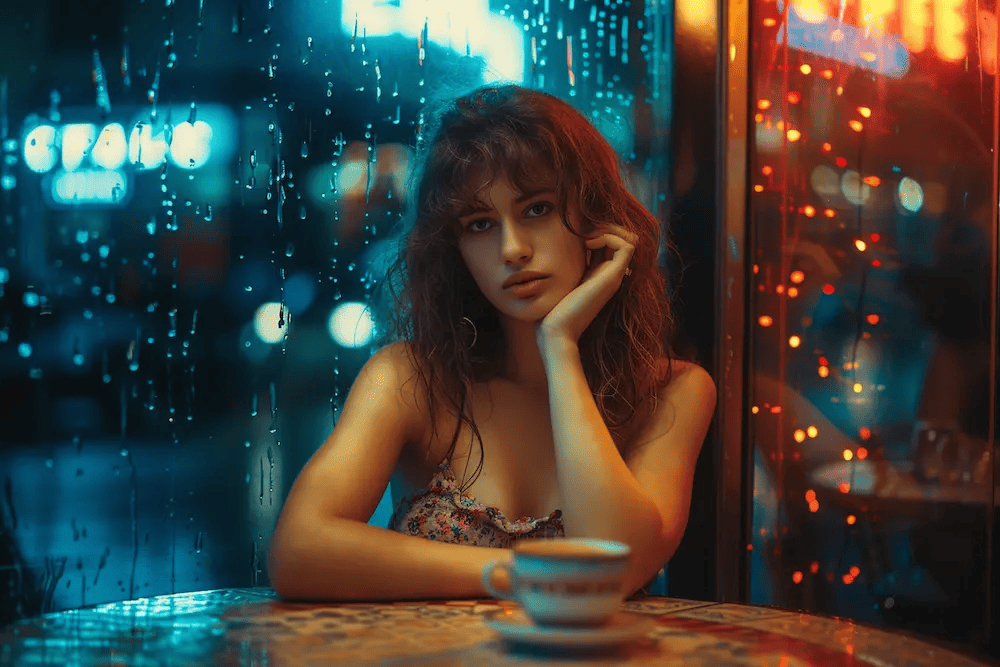 Photo of a young handsome brunette woman in a summer dress with a cup of coffee in her hands sitting at a table, shot through an outdoor window of a coffee shop with neon sign lighting, window glares and reflections, depth of field, raining outside at night --ar 3:2