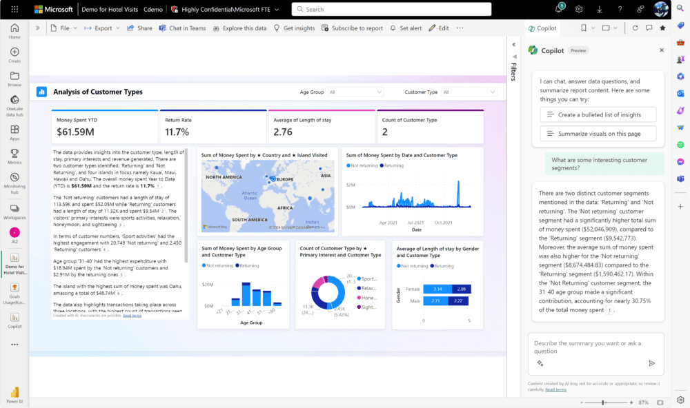 Panel de Power BI Copilot mostrando segmentos de clientes