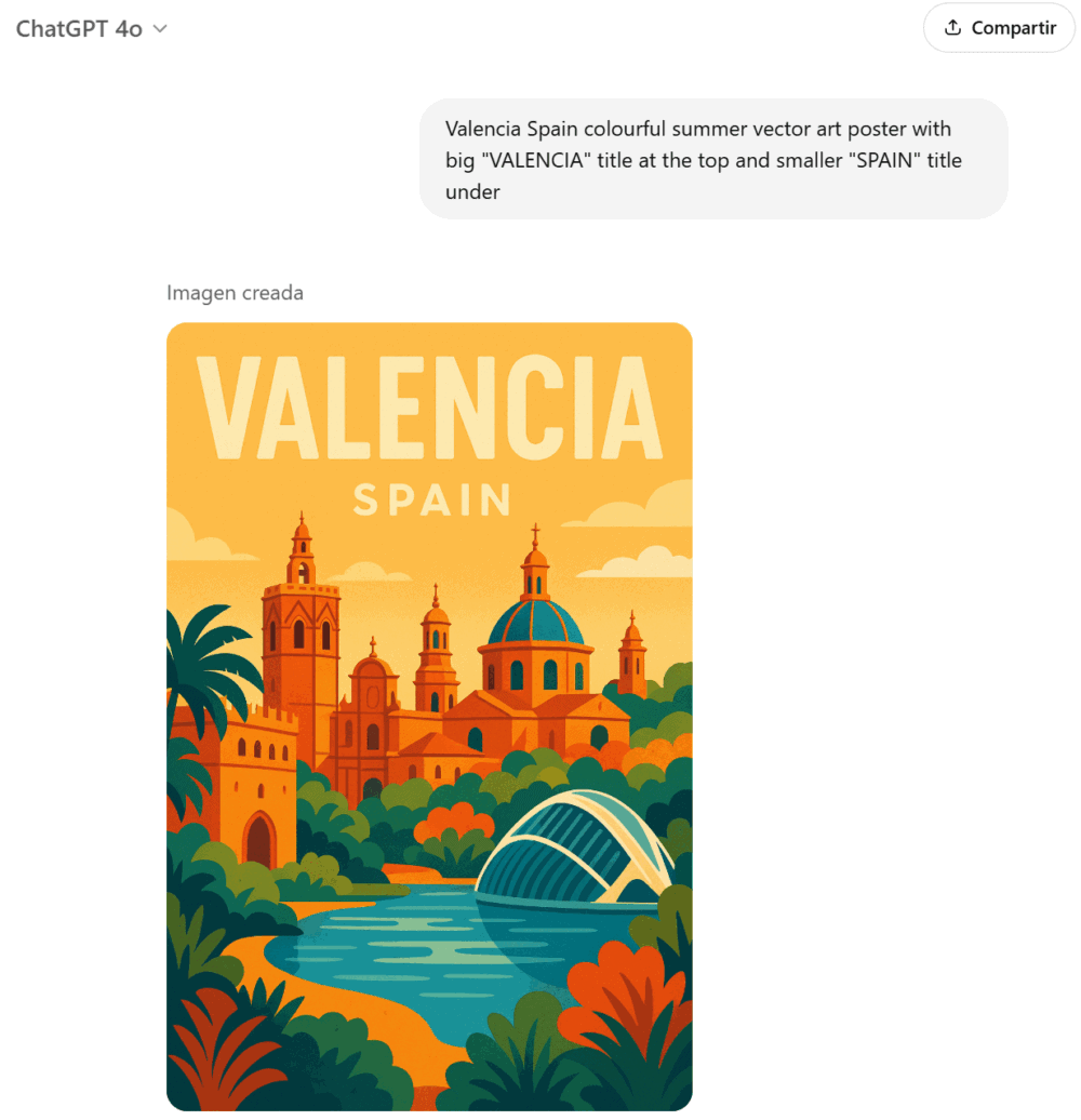 Valencia Spain colourful summer vector art poster with big "VALENCIA" title at the top and smaller "SPAIN" title under