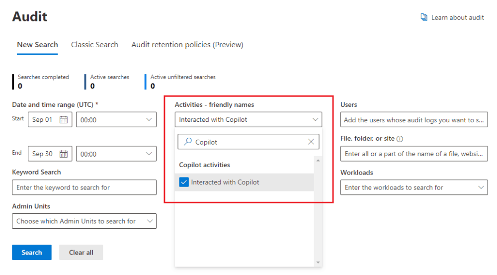 Opciones de auditoría para identificar las interacciones de los usuarios con Microsoft Copilot para Microsoft 365.