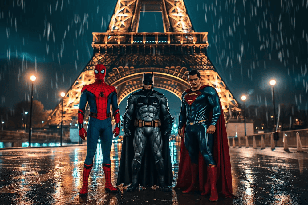 Three superheroes standing at the Eiffel tower in Paris. The hero on the left is an optimistic Spiderman in a strong wide stance. The hero in the middle is brave Batman. The hero on the right is powerful a proud Superman. It is raining in the street at night. Photography inspired by Marvel film poster --ar 3:2