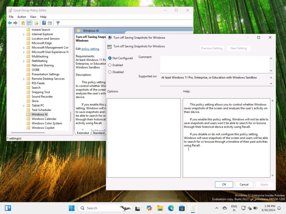 User Configuration > Administrative Templates > Windows Components > Windows AI > Turn off saving snapshots for Windows