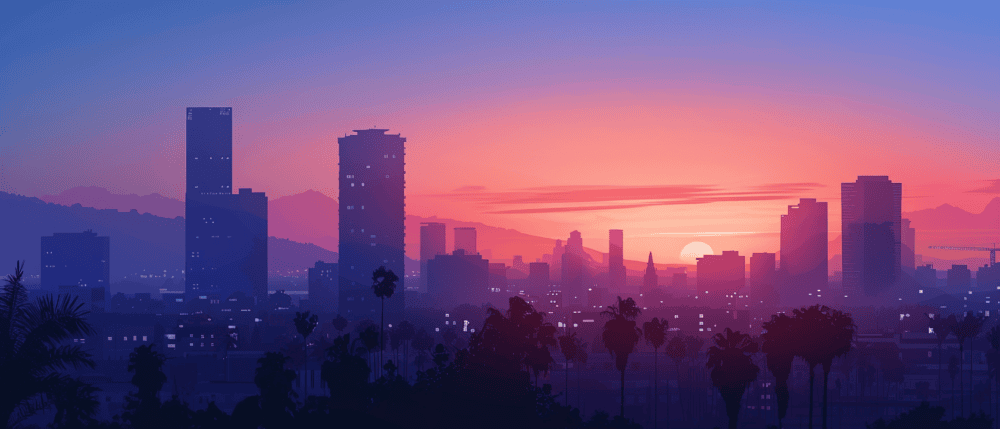 flat, 2d, cinematic, skyline of [CITY], twilight, countour lighting --ar 7:3