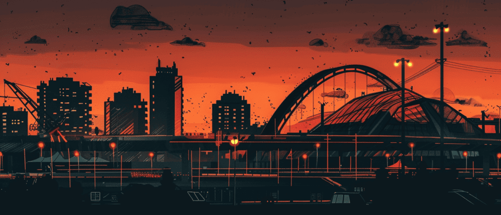 flat, 2d, cinematic, skyline of [CITY], twilight, countour lighting --ar 7:3 --sref 1987
