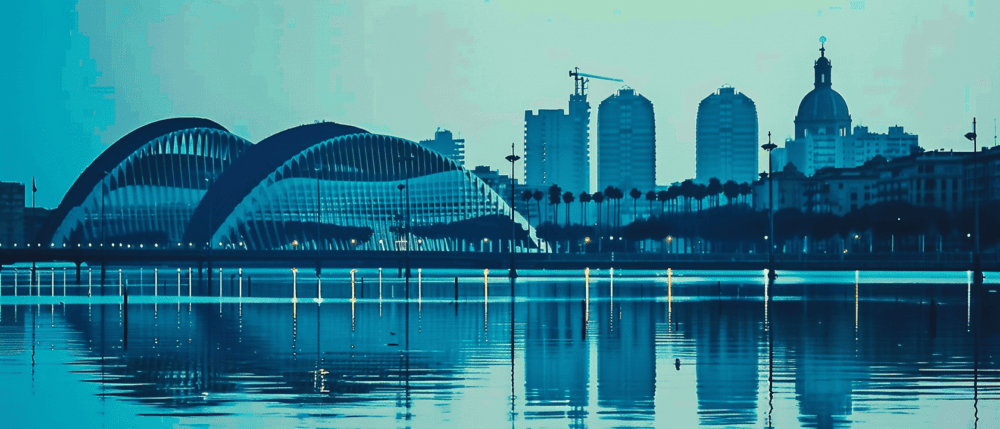 flat, 2d, cinematic, skyline of Valencia (Spain), twilight, countour lighting --ar 7:3 --sref 1992