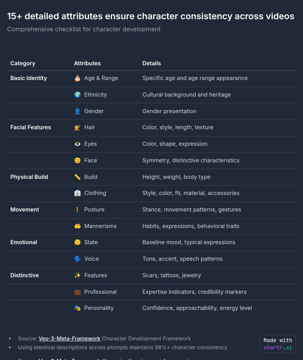 El uso de más de 15 atributos asegura la consistencia de los personajes entre los videos