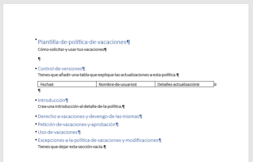 Plantilla generada en Word para que Copilot la rellene