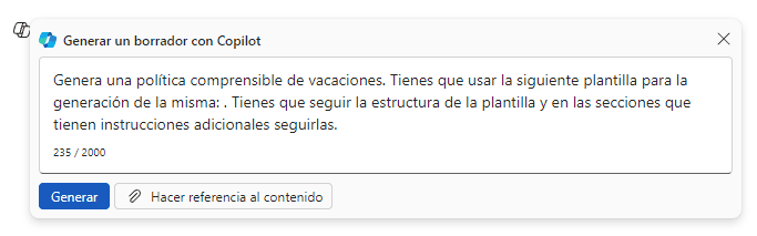 Prompt para la generación de la política a falta de insertar la referencia a la plantilla.